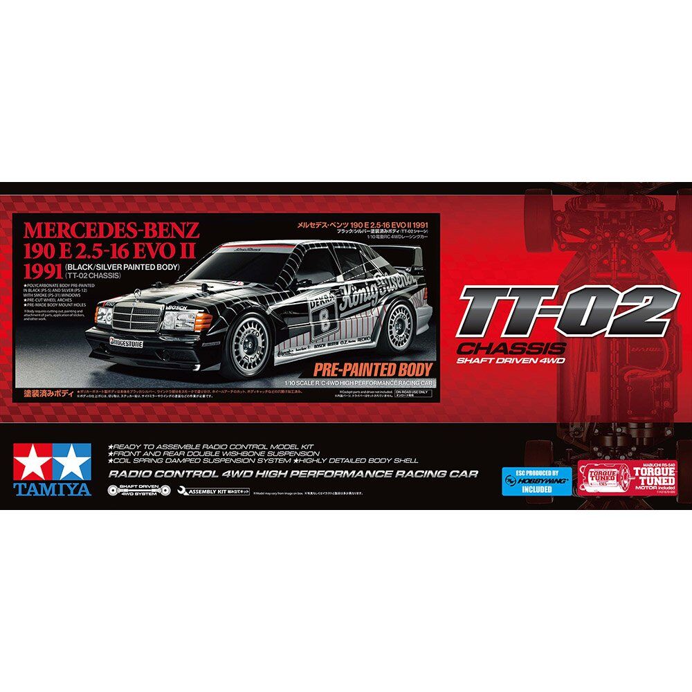 TAMIYA RC 1/10 MERCEDEC-BENZ 190 E EVO II - BLACK/SILVER PAINTED BODY (TT-02) 47525