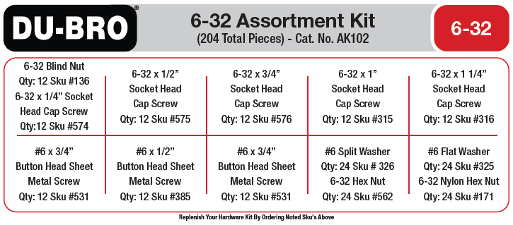 AK102 6-32 Hardware Assortment Kit (204 pcs set) DUBRO