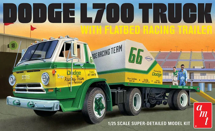 AMT1368 AMT 1/25 1966 Dodge L700 Truck w/Flatbed Racing Trailer Plastic Model Kit AMT