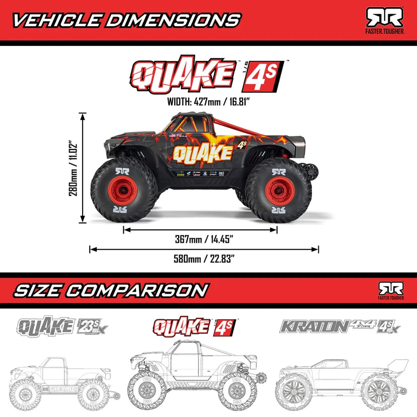 Arrma Quake 4S BLX 1/8 4X4 Monster Truck, RTR, Black/Red ARA4437T1 Due Mid Dec (Copy)