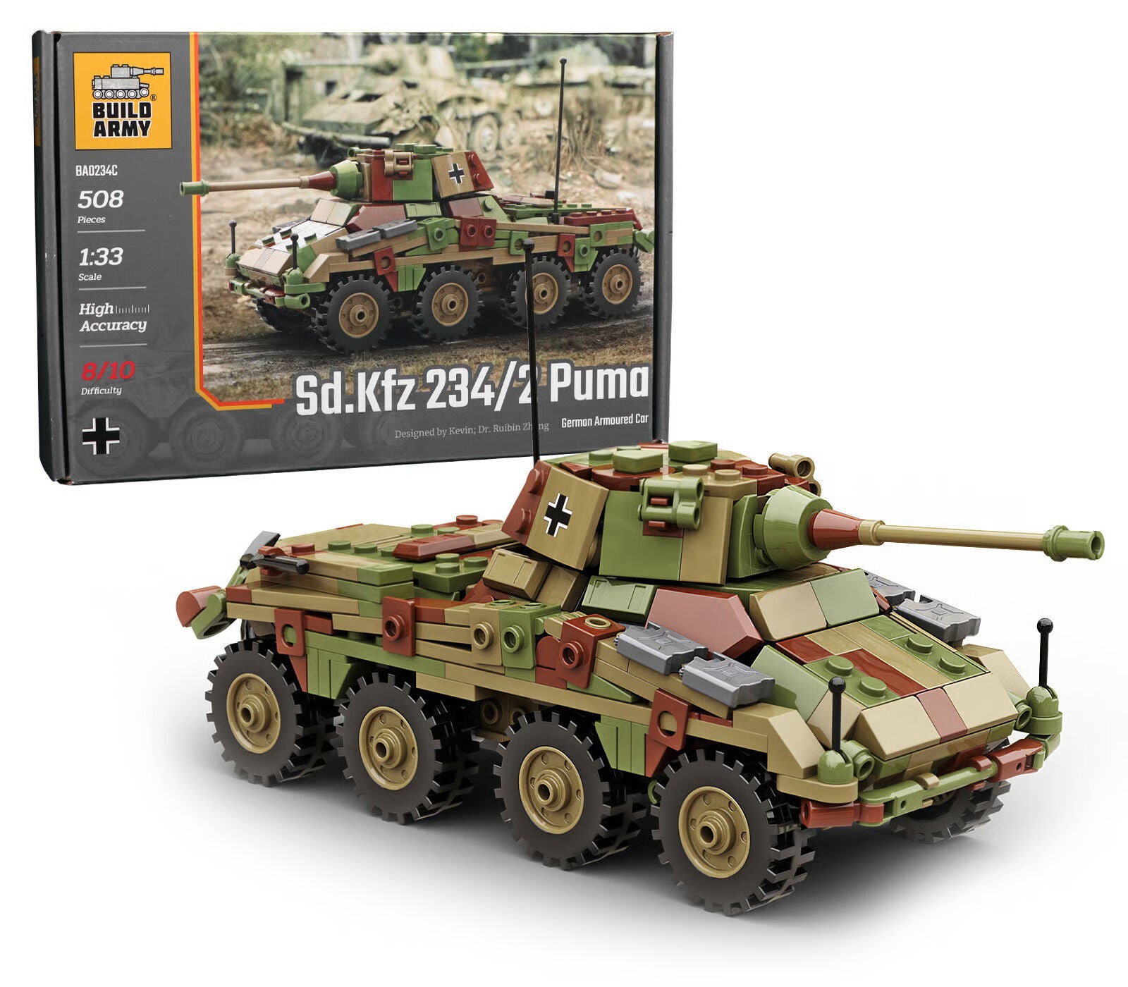 Build Army Sd.Kfz. 234/2 Camo Puma - WWII German Armoured Vehicle Model Brick Kit