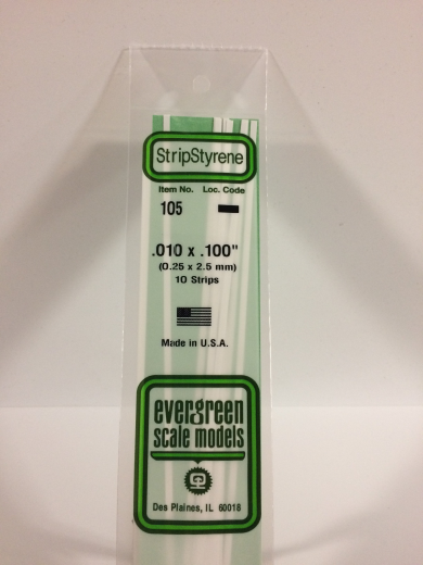 Evergreen White Polystyrene Strip 0.010 x 0.100 x 14" / 0.25mm x 2.5mm x 36cm (10) EVE-00105