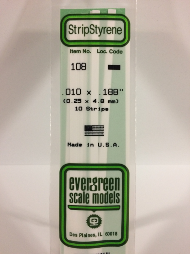 Evergreen White Polystyrene Strip 0.010 x 0.188 x 14" / 0.25mm x 4.8mm x 36cm (10) EVE-00108