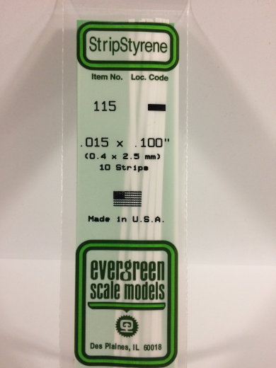 Evergreen White Polystyrene Strip 0.015 x 0.100 x 14" / 0.38mm x 2.5mm x 36cm (10) EVE-00115