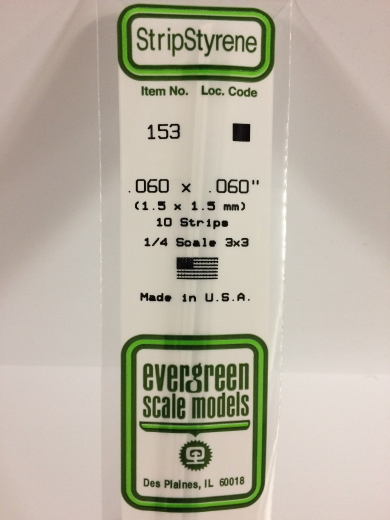 Evergreen White Polystyrene Strip 0.060 x 0.060 x 14" / 1.5mm x 1.5mm x 36cm (10) EVE-00153