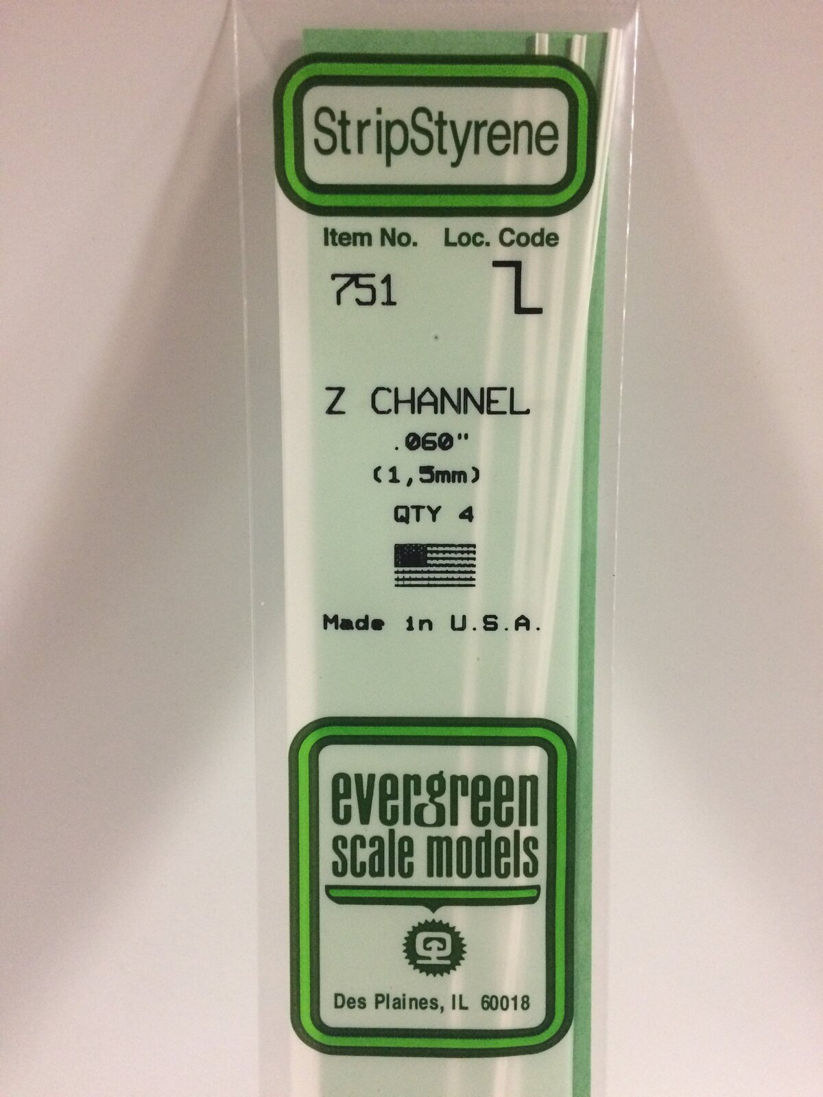 Evergreen White Polystyrene Z Channel .060 x .030 x 14" / 1.5mm x 0.76mm x 36cm (4) EVE-00751