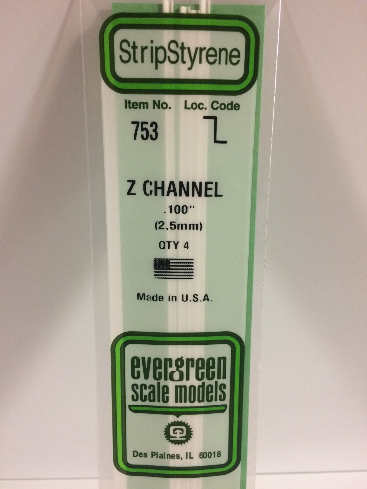 Evergreen White Polystyrene Z Channel .100 x .050 x 14" / 2.5mm x 1.3mm x 36cm (4) EVE-00753