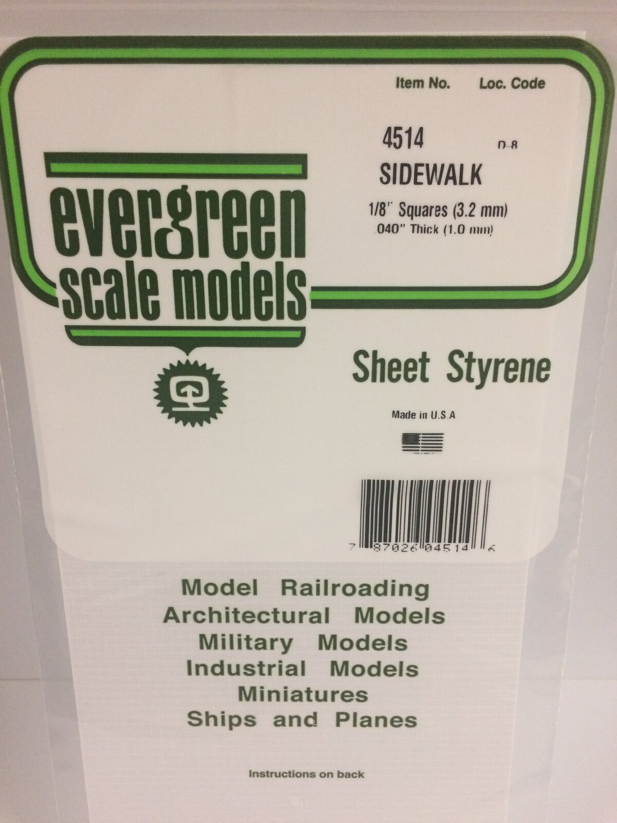 Evergreen White Polystyrene Sidewalk Sheet 0.125 x 6 x 12" / 3.2mm x 15cm x 30cm (1)