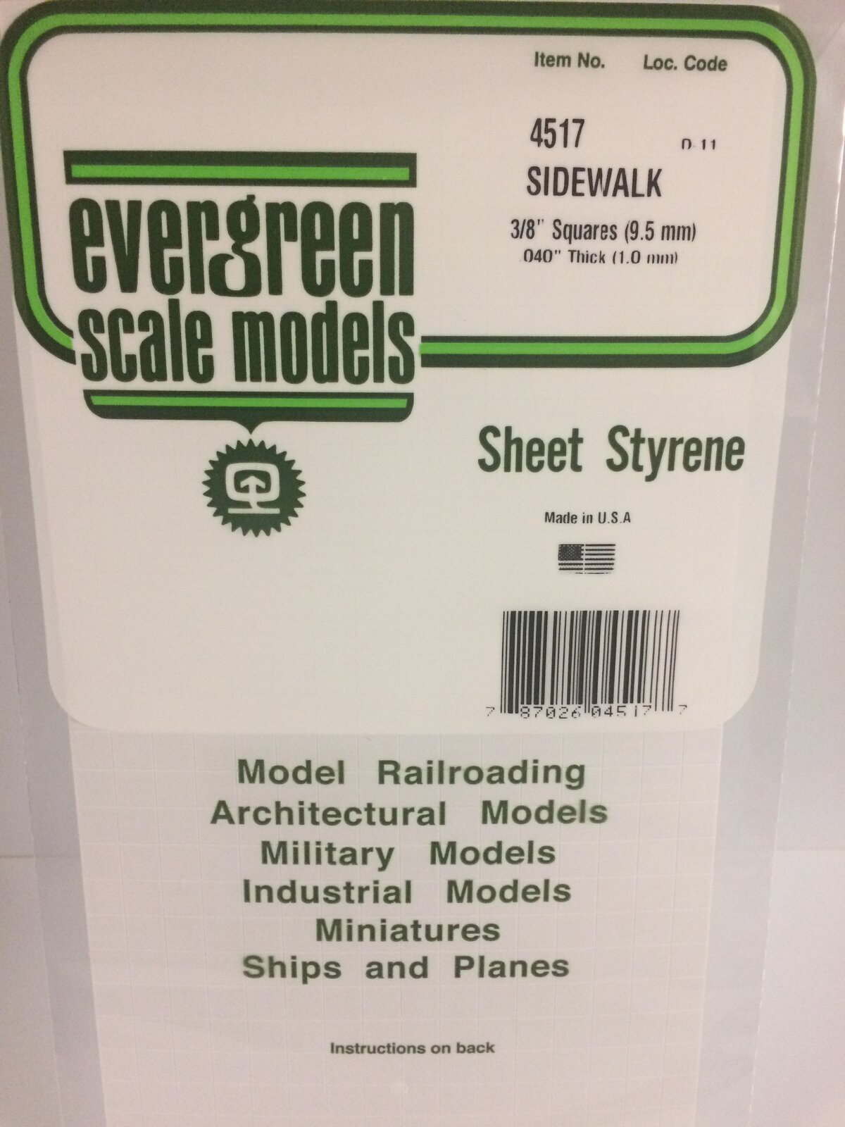 Evergreen White Polystyrene Sidewalk Sheet 0.375 x 6 x 12" / 9.5mm x 15cm x 30cm (1) EVE-04517