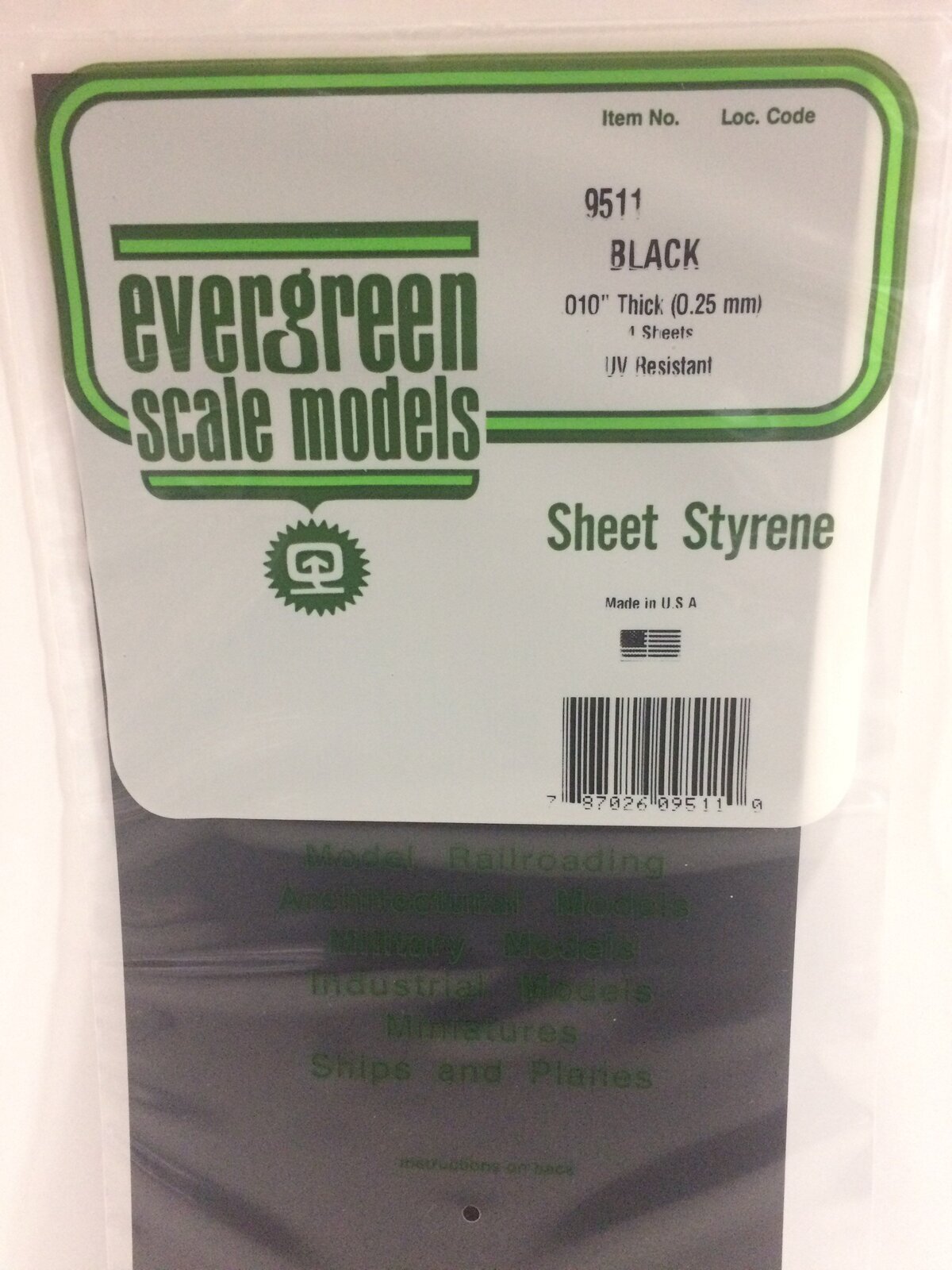 Evergreen Black Polystyrene Sheet 0.010 x 6 x 12" / 0.25mm x 15cm x 30cm (4) EVE-09511