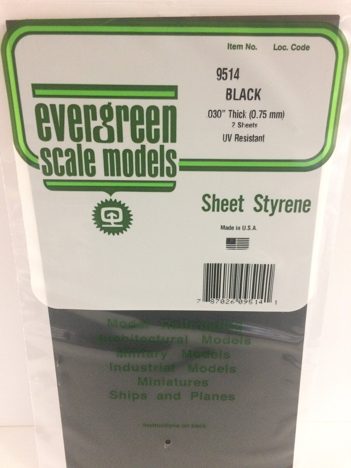 Evergreen Black Polystyrene Sheet 0.030 x 6 x 12" / 0.76mm x 15cm x 30cm (2) EVE-09514