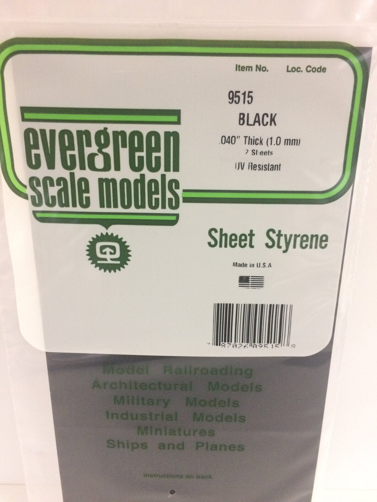 Evergreen Black Polystyrene Sheet 0.040 x 6 x 12" / 1mm x 15cm x 30cm (2) EVE-09515