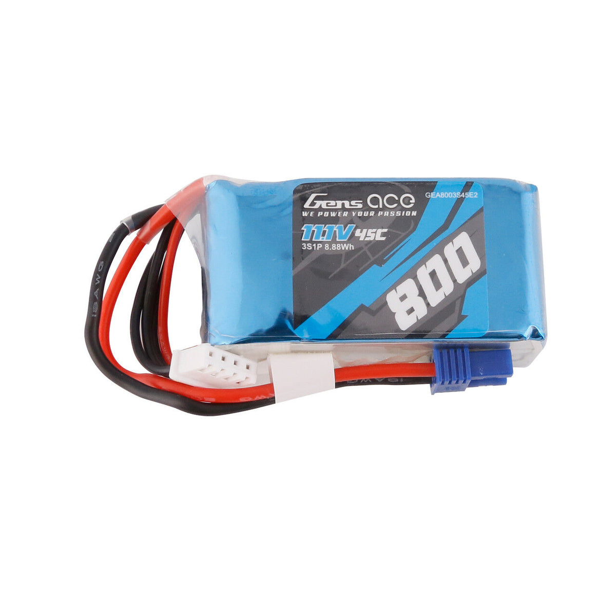 Gens Ace 3S 800mAh 45C 11.1V Soft Pack Lipo Battery (EC2) GEA8003S45E2