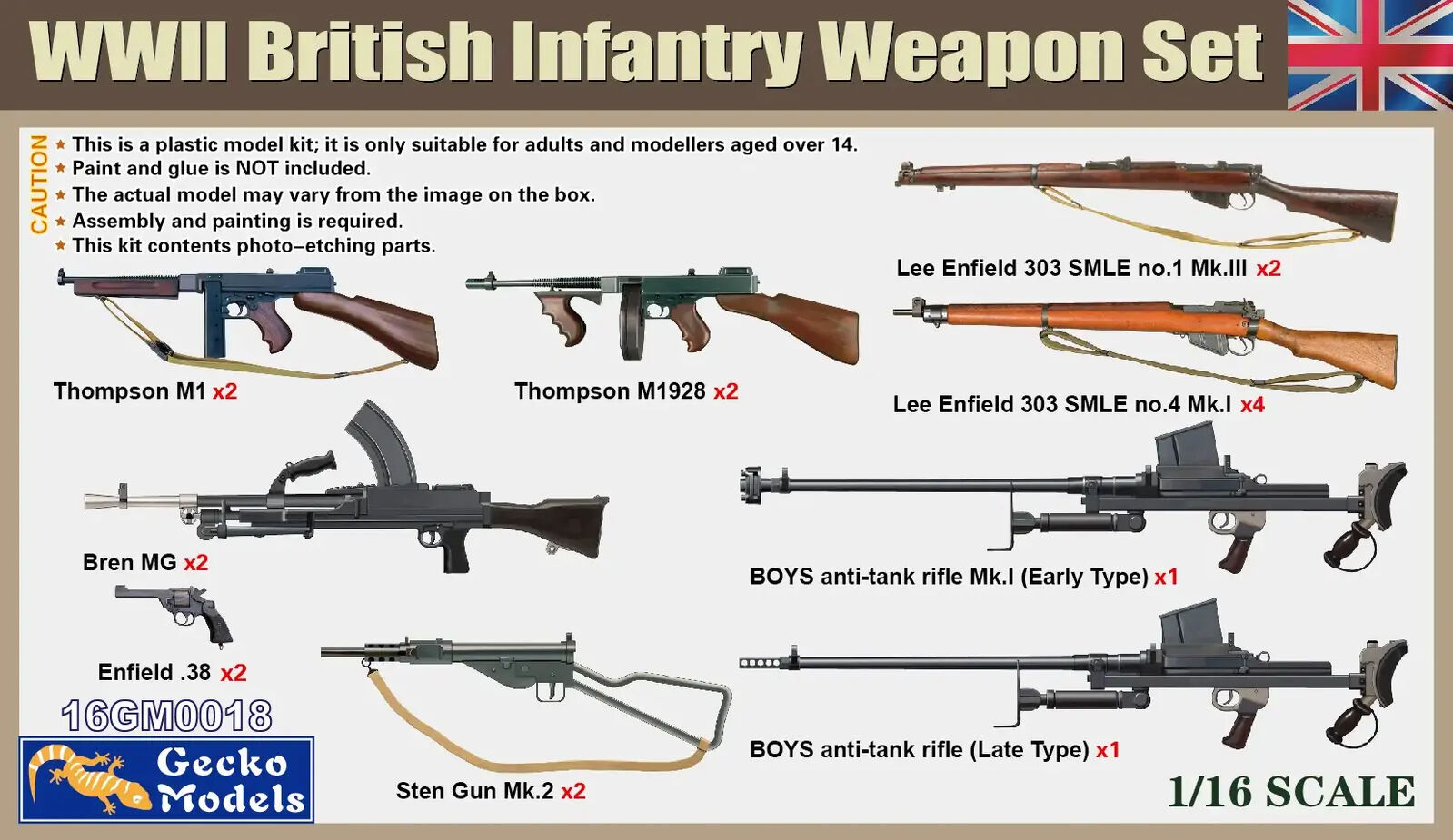 Gecko 1/16 WWII British Infantry Weapon & Accessories Set Plastic Model Kit