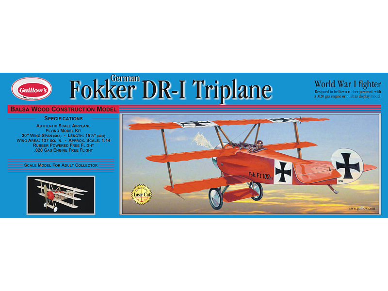 GUI-204LC Guillow's Fokker Triplane - Laser Cut Balsa Plane Model Kit Guillows