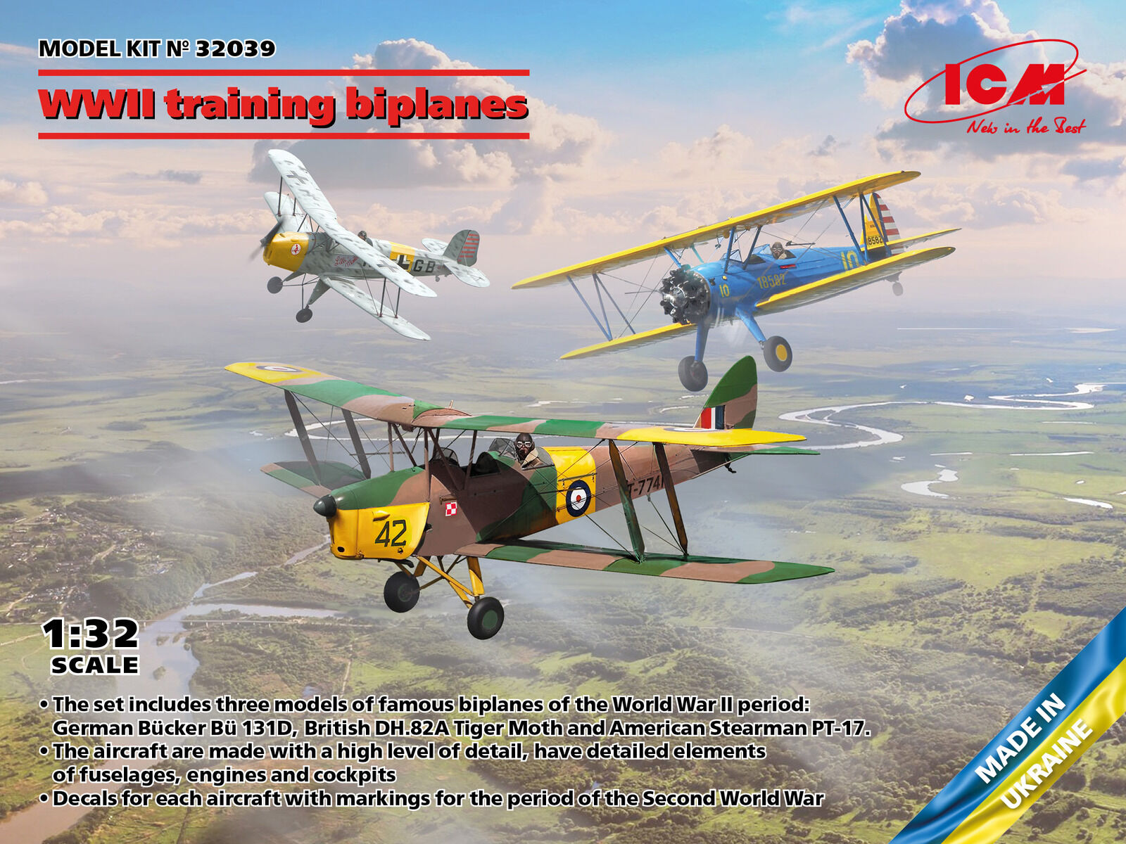 ICM 1/32 WWII Training Biplanes (Bücker Bü 131D DH.82A Tiger Moth Stearman PT-17) Plastic Model Kit