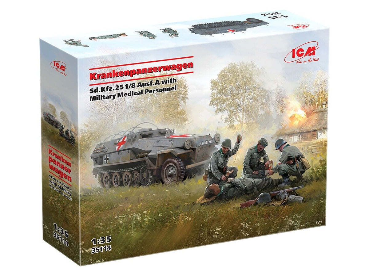ICM 1/35 'Krankenpanzerwagen' Sd.Kfz.251/8 Ausf.A WWII German Ambulance with Military Medical Personnel Plastic Model Kit ICM35114