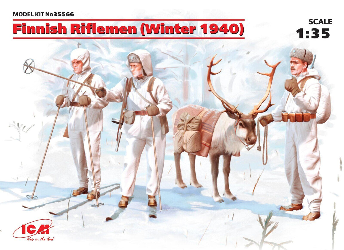 ICM 1/35 Finnish Riflemen (Winter 1940) (4 Figures - 3 rifleman 1 reindeer) Plastic Model Kit ICM35566
