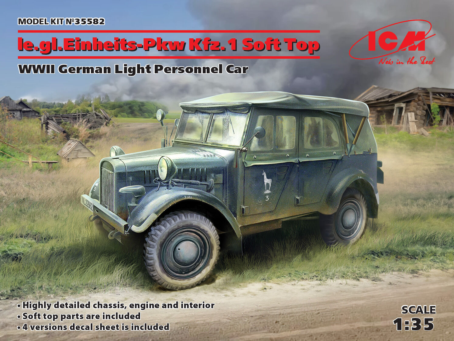 ICM 1/35 le.gl.Einheitz-Pkw Kfz.1 Soft Top WWII German Light Personnel Car Plastic Model Kit
