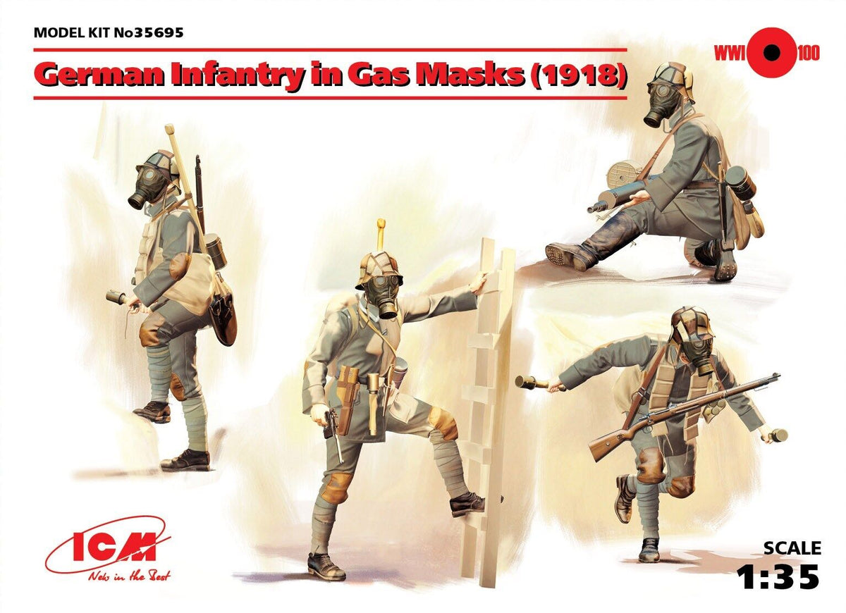 ICM 1/35 German Infantry in Gas Masks (1918) (4 Figures) Plastic Model Kit ICM35695