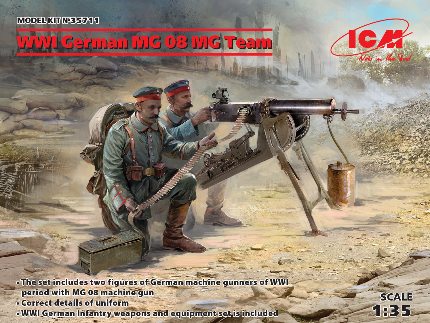 ICM 1/35 WWI German MG08 MG Team (2 Figures) Plastic Model Kit