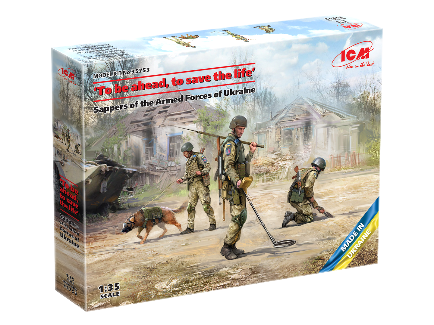 ICM 1/35 "To be ahead to save the life" Sappers of the Armed Forces of Ukraine (3 Figures and a sapper dog in a protective mask) Plastic Model Kit