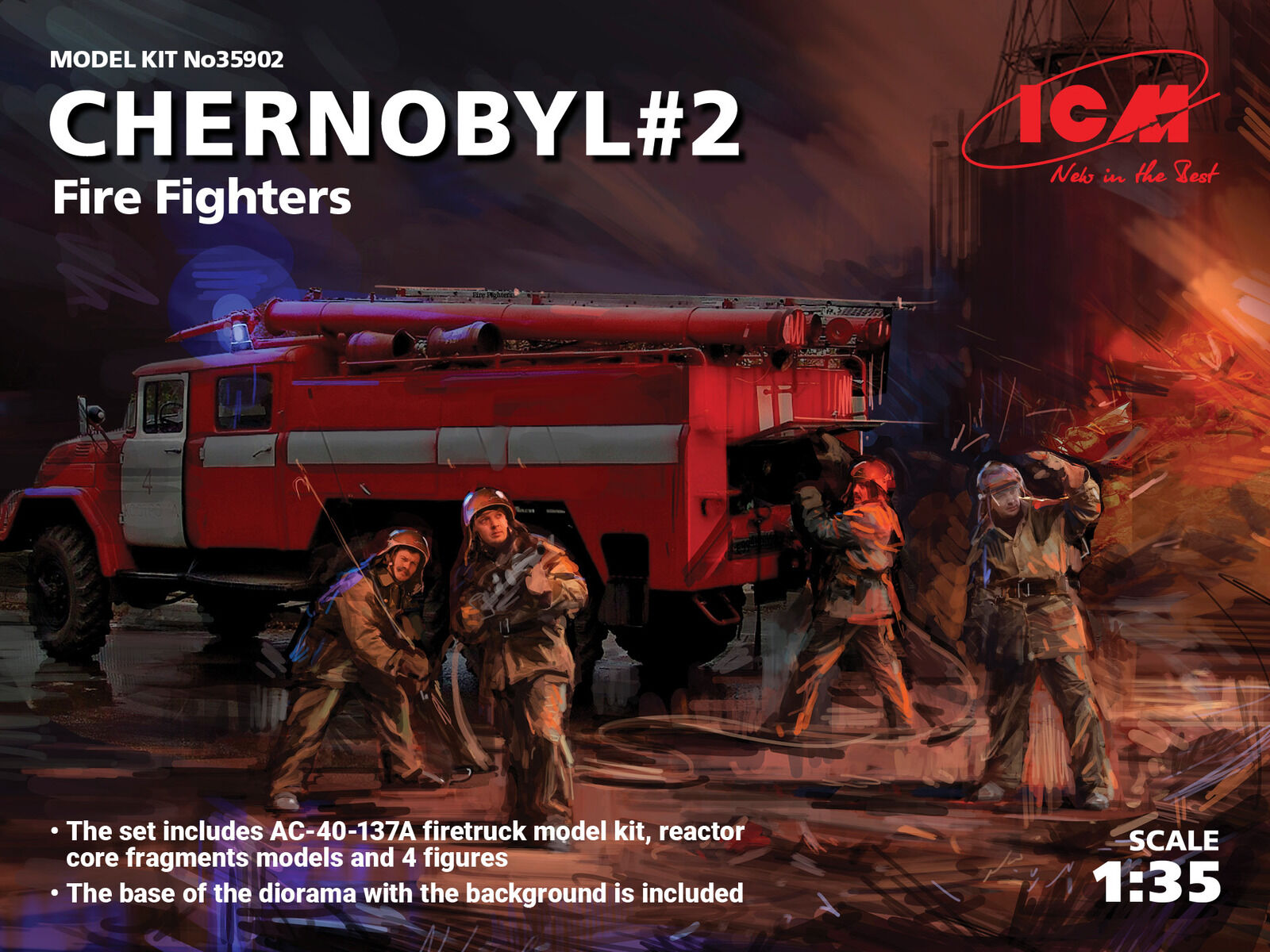 ICM 1/35 Chernobyl#2. Fire Fighters (AC-40-137A firetruck & 4 Figures & diorama base with background) Plastic Model Kit