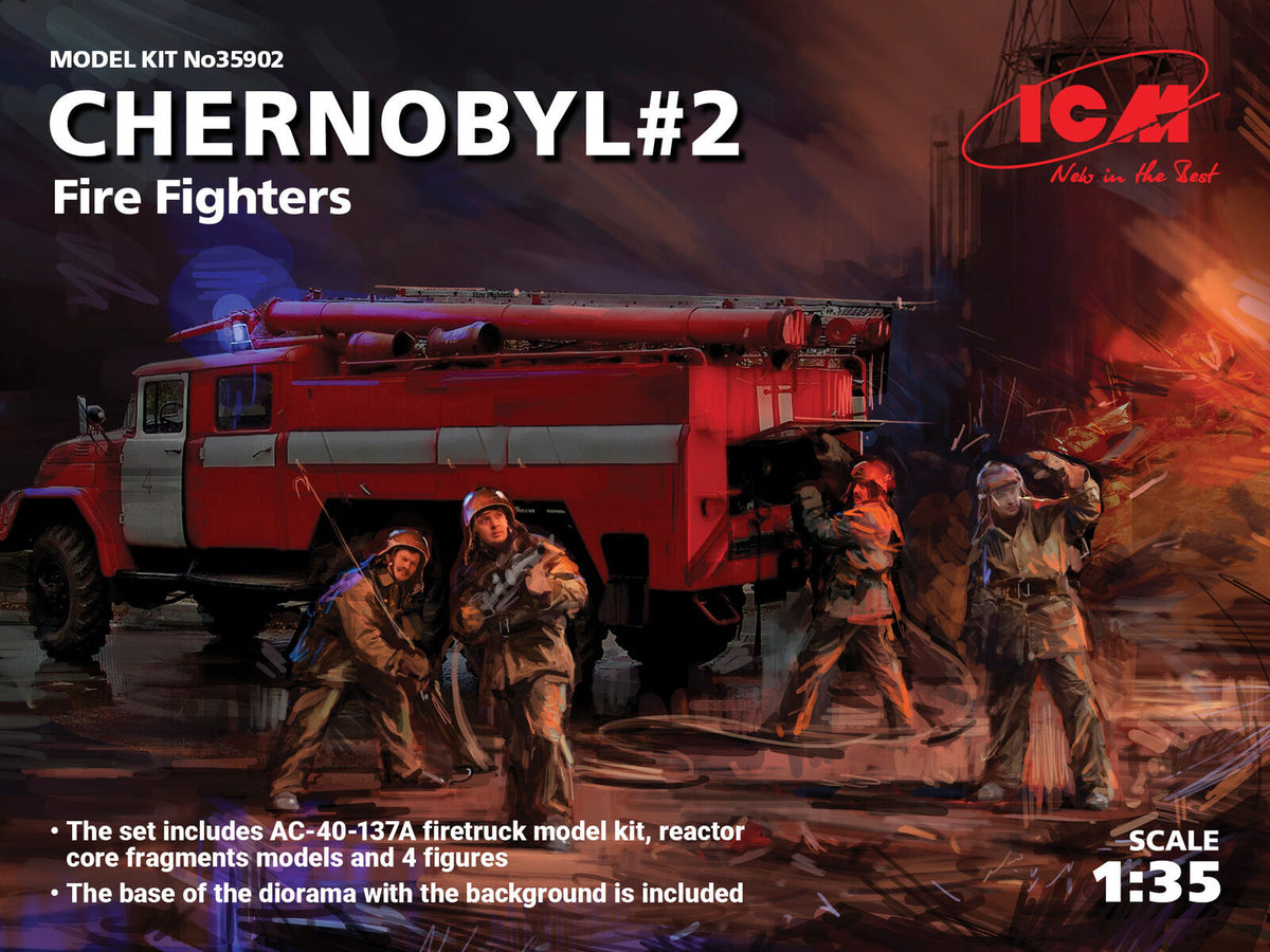ICM 1/35 Chernobyl#2. Fire Fighters (AC-40-137A firetruck & 4 Figures & diorama base with background) Plastic Model Kit ICM35902