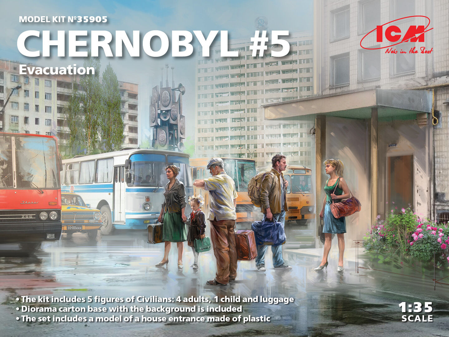 ICM 1/35 Chernobyl#5. Extraction (2 adults 2 children and luggage) Plastic Model Kit