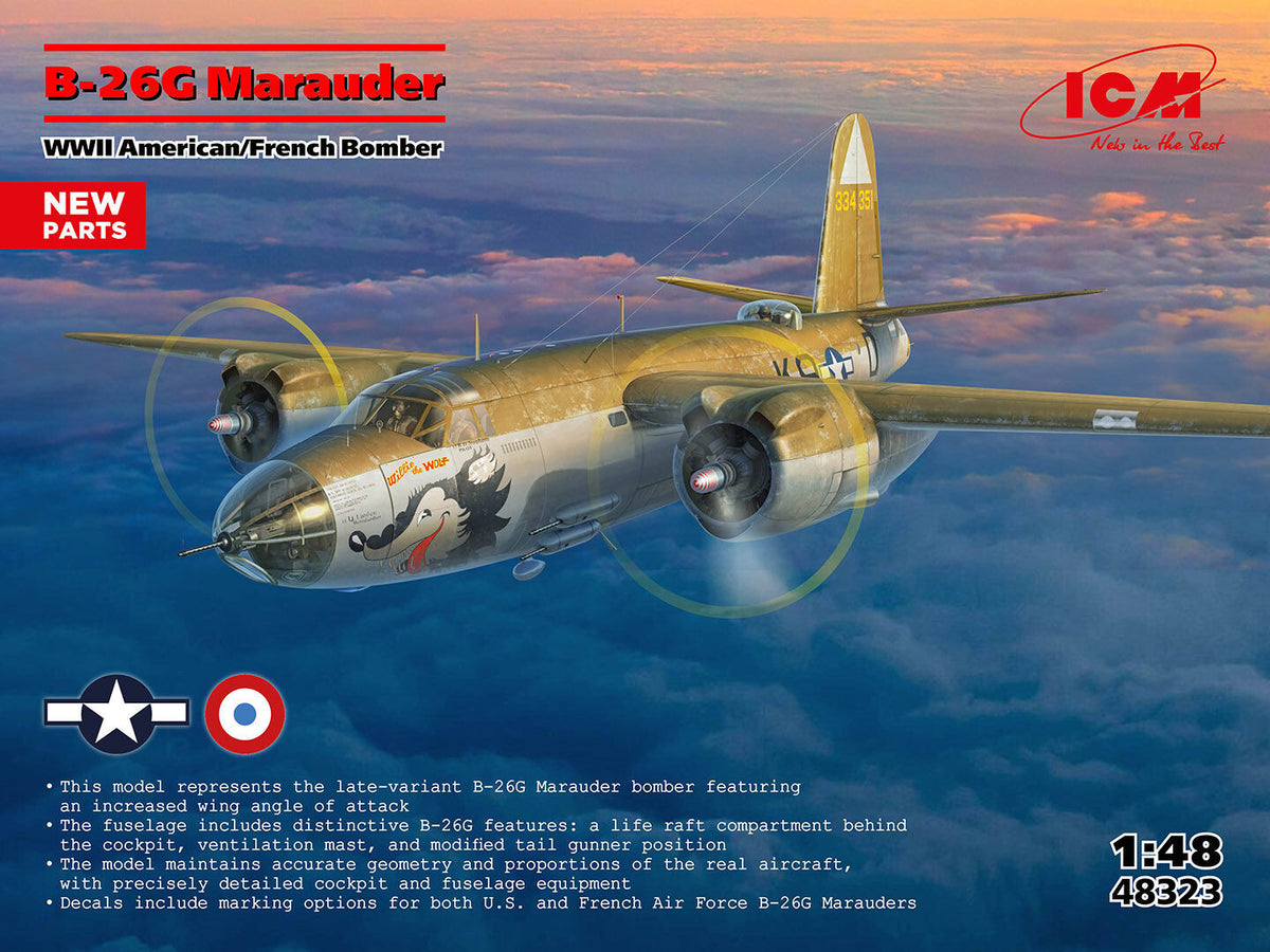 ICM 1/48 B-26G Marauder WWII American/France Bomber Plastic Model Kit ICM48323