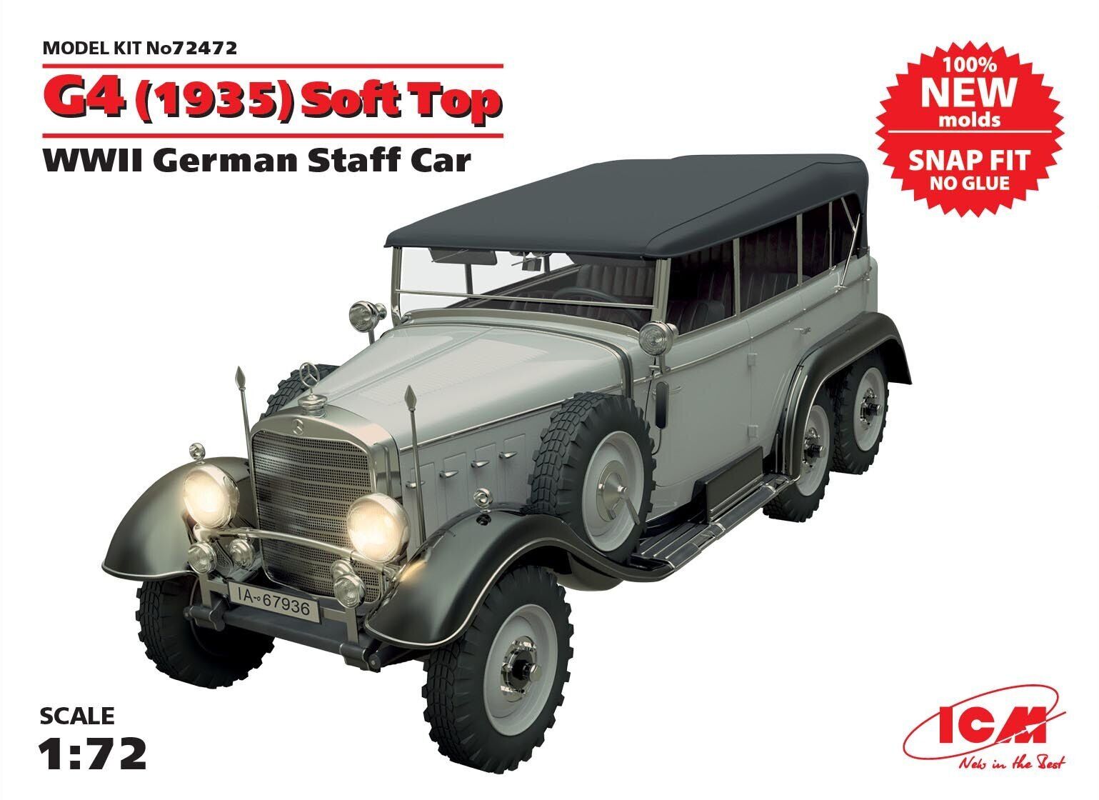 ICM 1/72 G4 (1935 Production) Soft Top WWII German Staff Car snap fit/no glue Plastic Model Kit