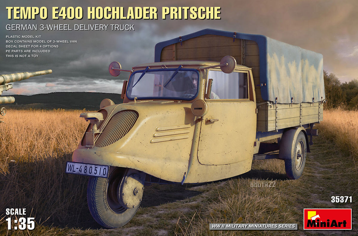 MiniArt 1/35 Tempo E400 Hochlader Pritsche. German 3-Wheel Delivery Truck Plastic Model Kit MA35371