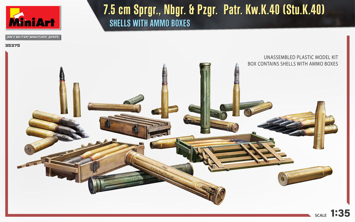 MiniArt 1/35 7.5 cm Sprgr.. Nbgr. & Pzgr. Patr. Kw.K.40 (Stu.K.40) Shells with Ammo Boxes Plastic Model Kit MA35375