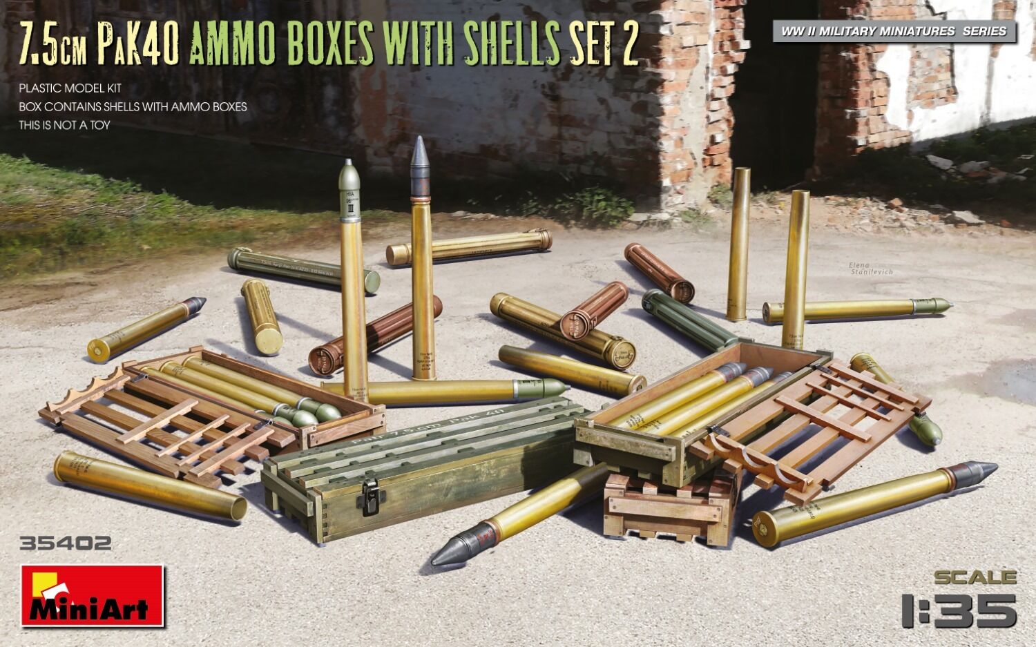 MiniArt 1/35 7.5cm PaK40 Ammo Boxes w/Shells Set 2 Plastic Model Kit