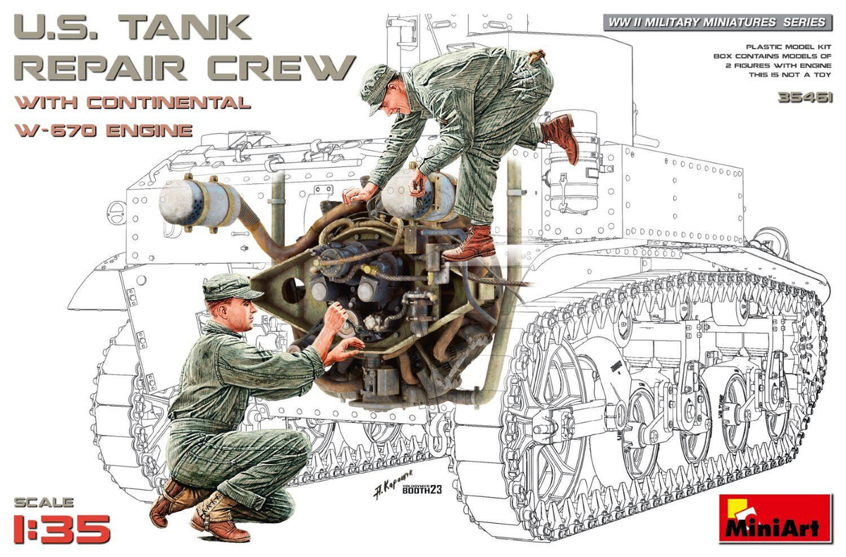 MiniArt 1/35 U.S. Tank Repair Crew w/Continental W-670 Engine Plastic Model Kit MA35461
