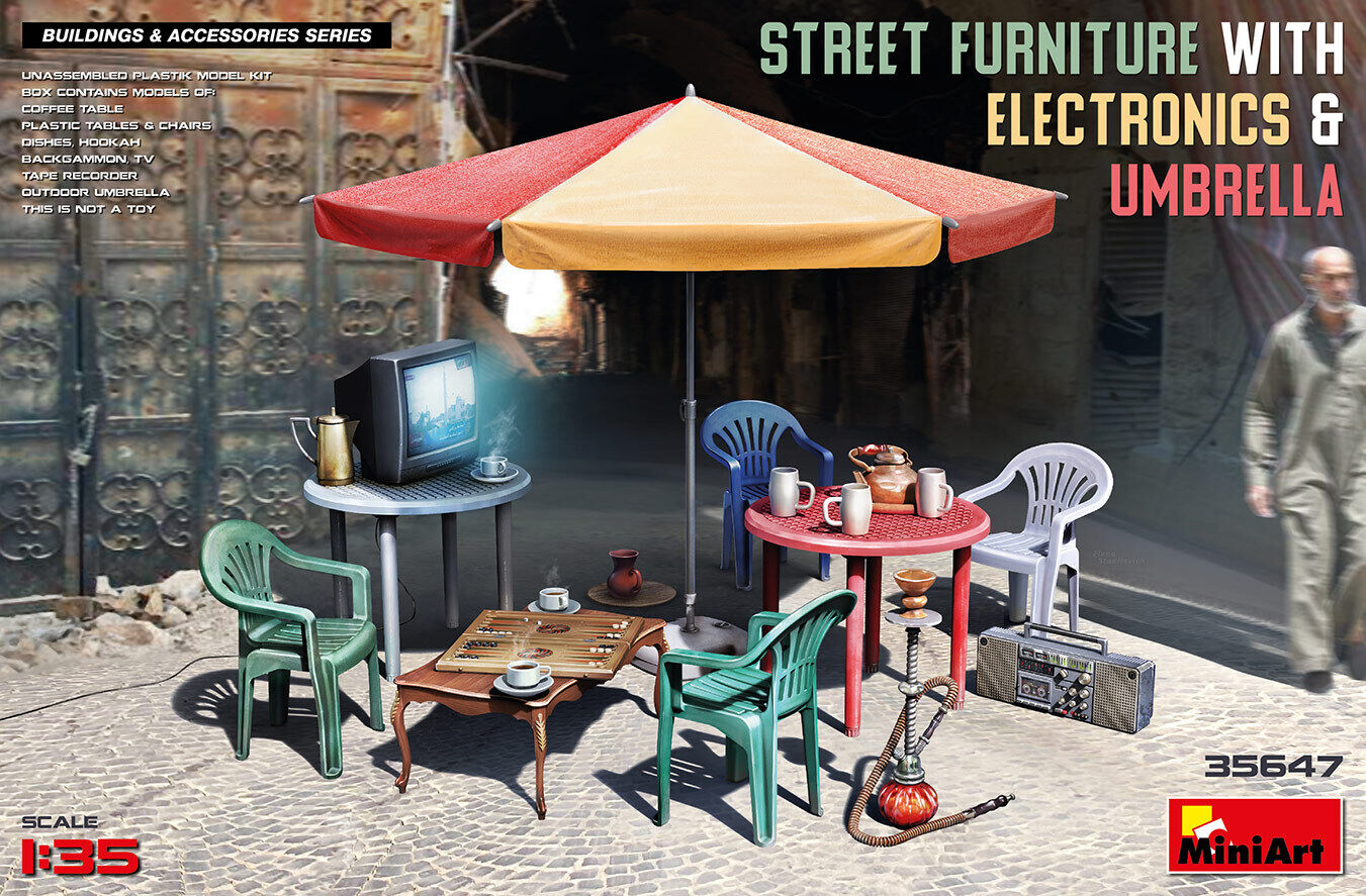 MiniArt 1/35 STREET FURNITURE WITH ELECTRONICS & UMBRELLA Plastic Model Kit