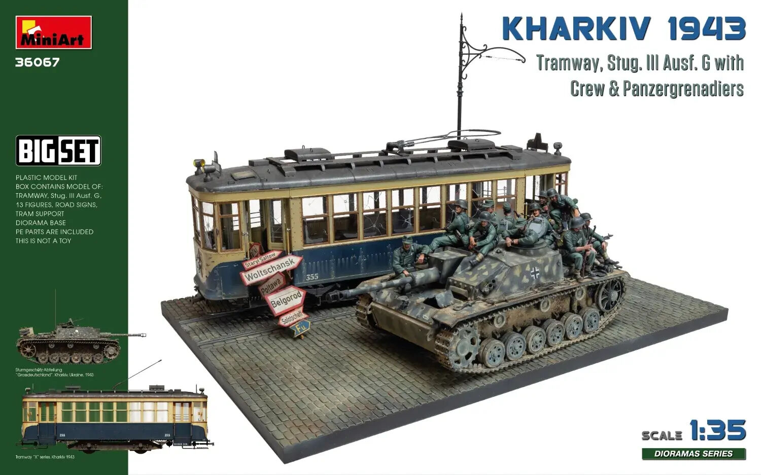 MiniArt 1/35 Kharkiv 1943: Tram & Stug. III Ausf. G w/Crew. Big Set Plastic Model Kit
