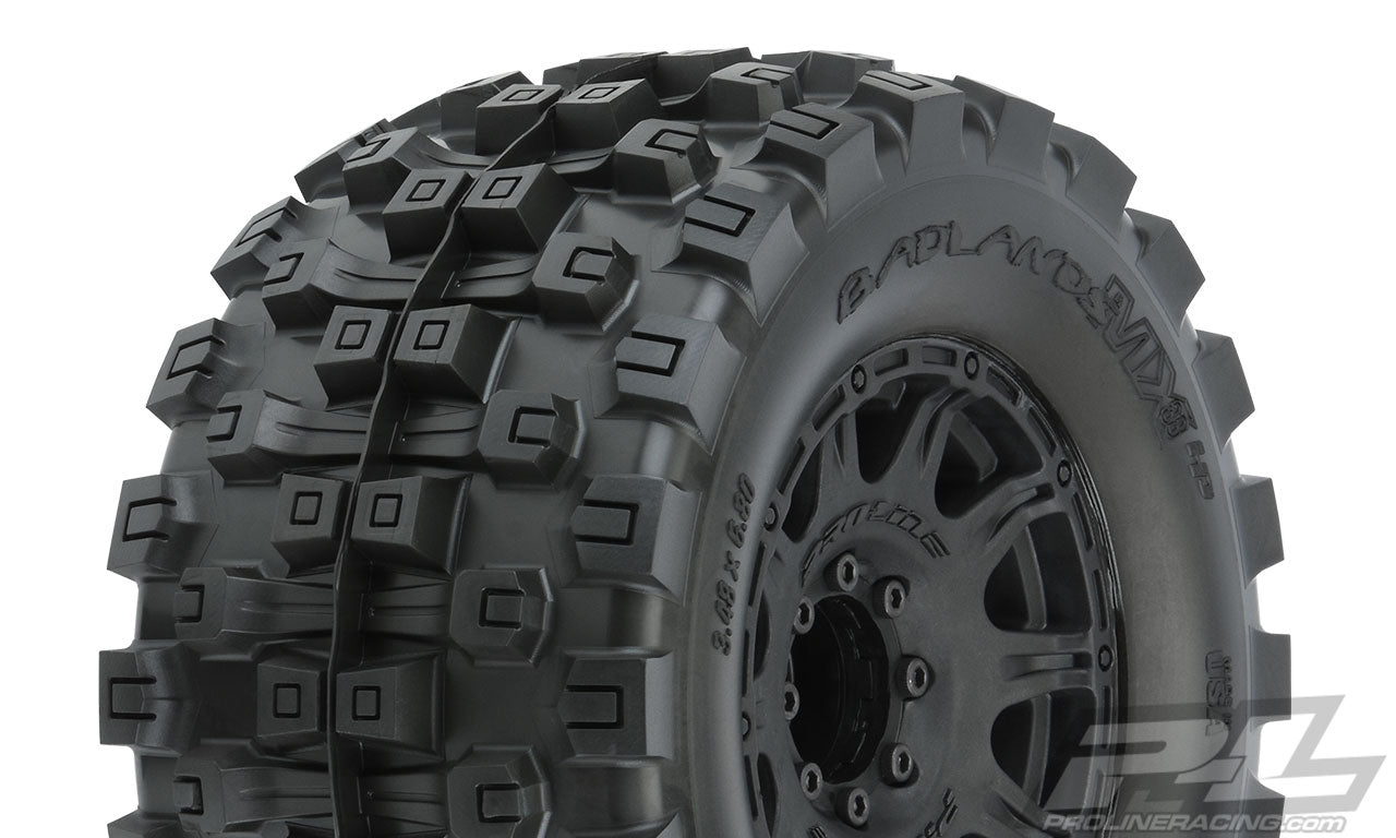 PRO1016610 Proline Badlands MX38 HP 3.8in Belted Tyres Mounted on Raid 8x32 Wheels, 17mm Hex, F/R, PR10166-10 Proline