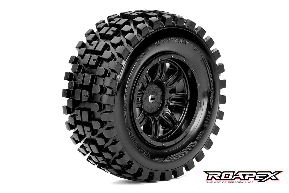 R1003-B RYTHM 1/10 SC TIRE BLACK WHEEL WITH 12MM HEX MOUNTED Roapex