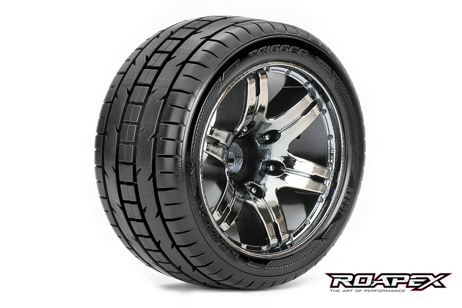 R2001-CB2 TRIGGER 1/10 STADIUM TRUCK TIRE CHROME BLACK WHEEL WITH 1/2 OFFSET 12MM HEX MOUNTED Roapex