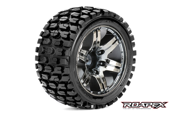 R2002-CB2 TRACKER 1/10 STADIUM TRUCK TIRE CHROME BLACK WHEEL WITH 1/2 OFFSET 12MM HEX MOUNTED