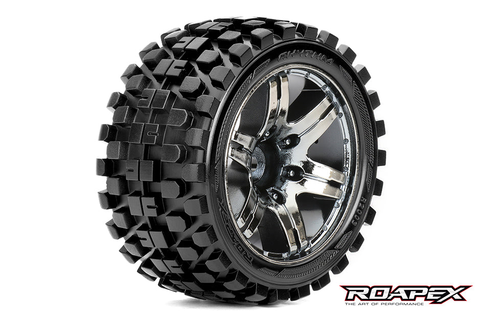 R2003-CB2 RHYTHM 1/10 STADIUM TRUCK TIRE CHROME BLACK WHEEL WITH 1/2 OFFSET 12MM HEX MOUNTED Roapex