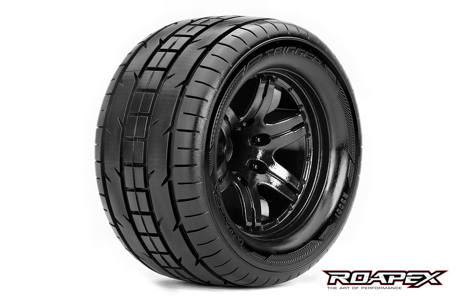 R3001-B2 TRIGGER 1/10 MONSTER TRUCK TIRE BLACK WHEEL WITH 1/2 OFFSET 12MM HEX MOUNTED Roapex