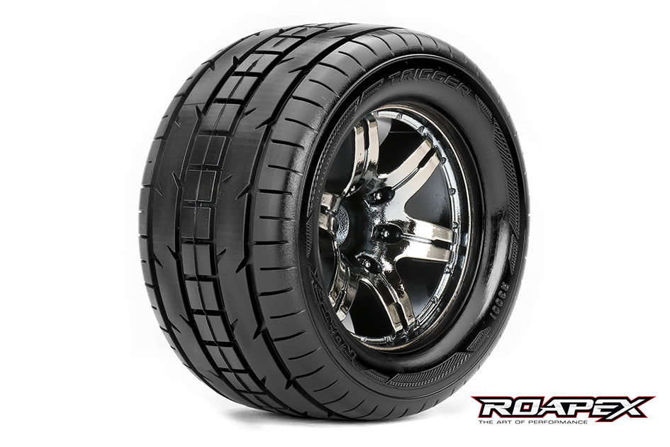 R3001-CB2 TRIGGER 1/10 MONSTER TRUCK TIRE CHROME BLACK WHEEL WITH 1/2 OFFSET 12MM HEX MOUNTED Roapex