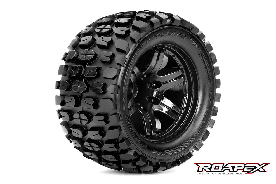 R3002-B2 TRACKER 1/10 MONSTER TRUCK TIRE BLACK WHEEL WITH 1/2 OFFSET 12MM HEX MOUNTED Roapex