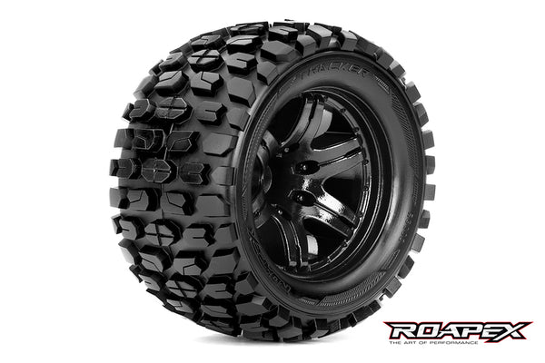 R3002-B2 TRACKER 1/10 MONSTER TRUCK TIRE BLACK WHEEL WITH 1/2 OFFSET 12MM HEX MOUNTED
