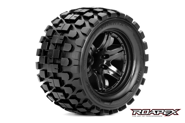 R3003-B2 RHYTHM 1/10 MONSTER TRUCK TIRE BLACK WHEEL WITH 1/2 OFFSET 12MM HEX MOUNTED