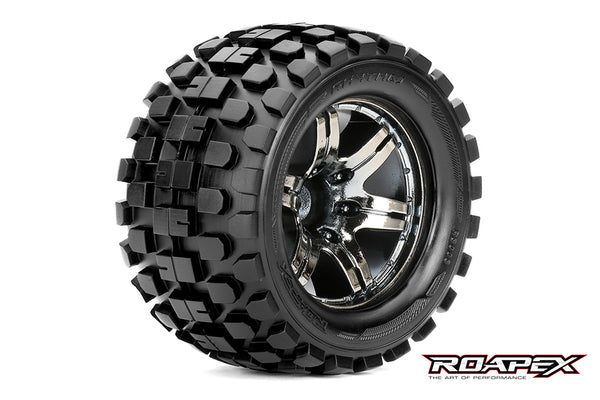 R3003-CB2 RHYTHM 1/10 MONSTER TRUCK TIRECHROME BLACK WHEEL WITH 1/2 OFFSET 12MM HEX MOUNTED