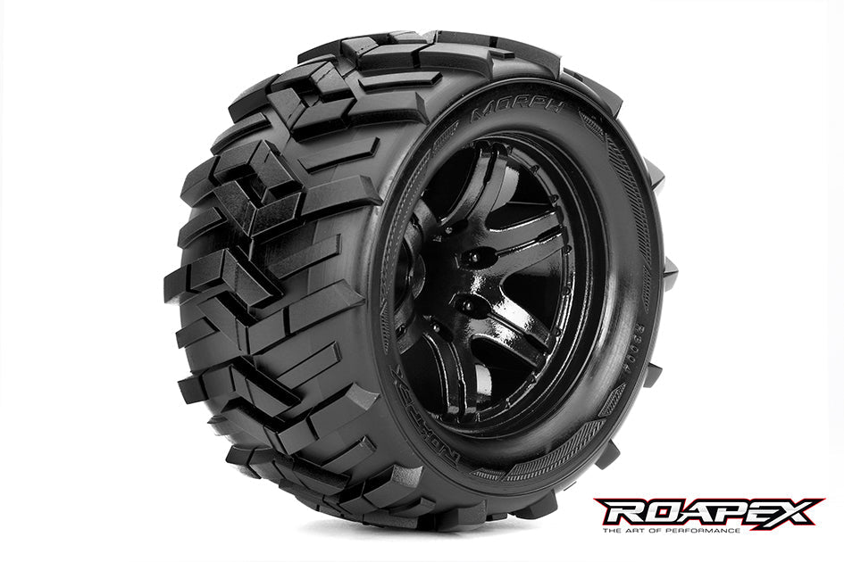 R3004-B2 MORPH 1/10 MONSTER TRUCK TIRE BLACK WHEEL WITH 1/2 OFFSET 12MM HEX MOUNTED Roapex