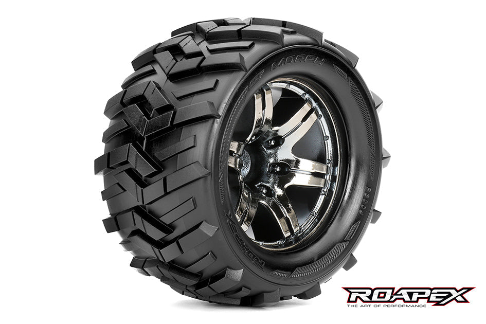R3004-CB2 MORPH 1/10 MONSTER TRUCK TIRE CHROME BLACK WHEEL WITH 1/2 OFFSET 12MM HEX MOUNTED Roapex